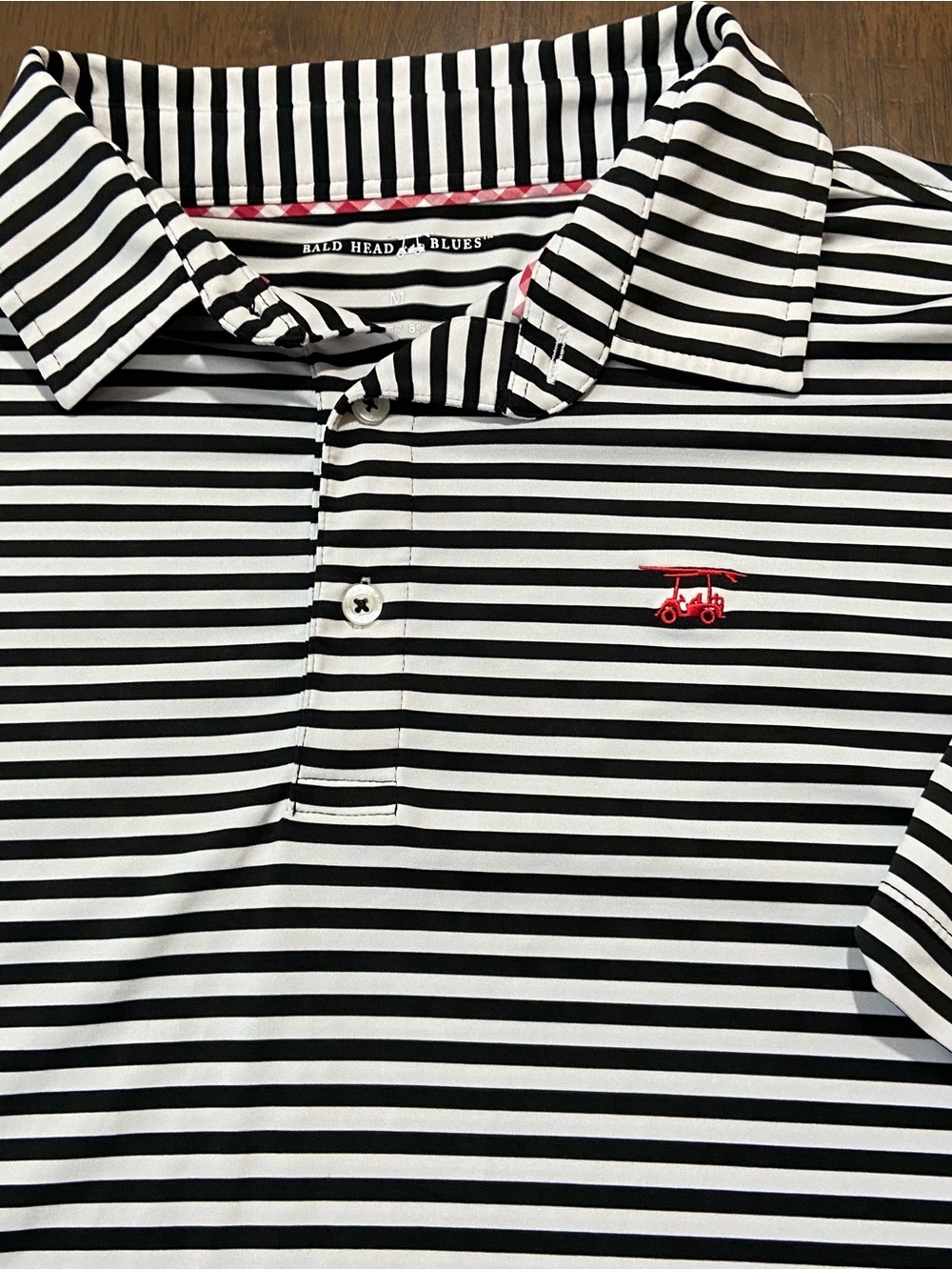 Bald Head Blues Golf Polo Shirt Mens M Black White Striped Performance Stretch